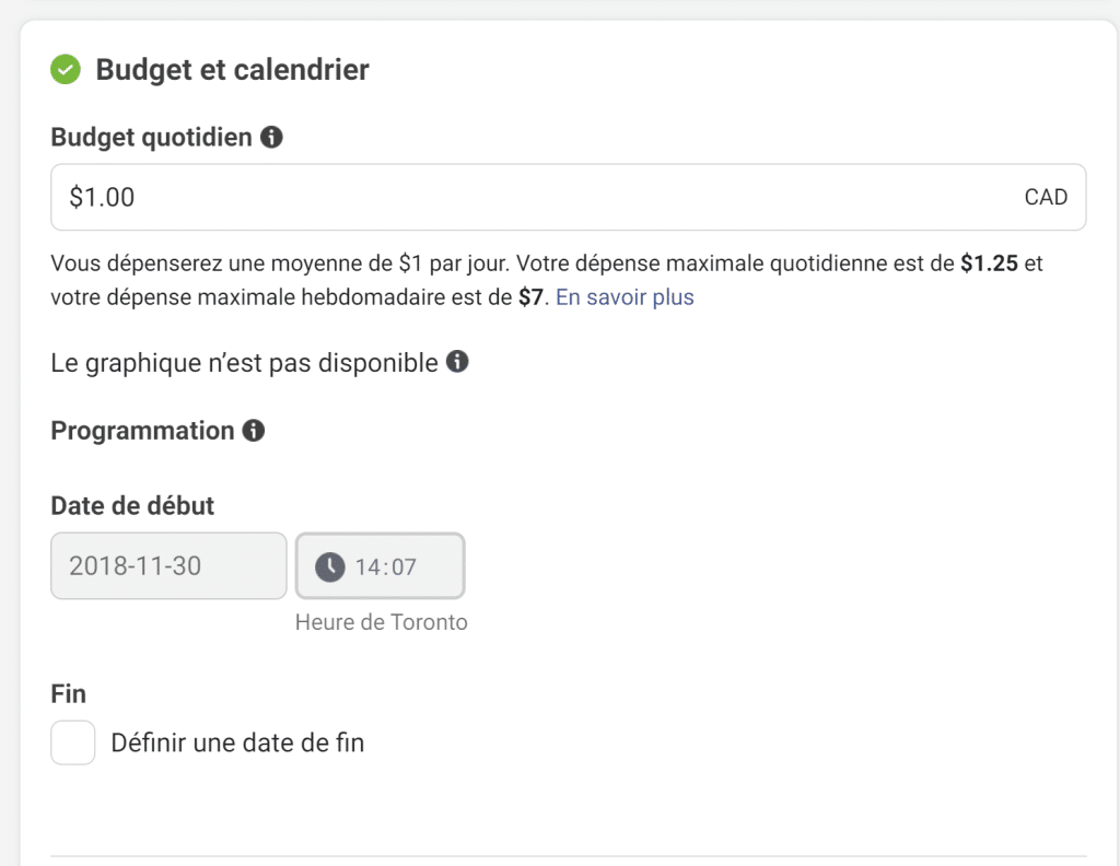 Exemple d'ensemble de publicité où le budget publicitaire est configuré en ABO.