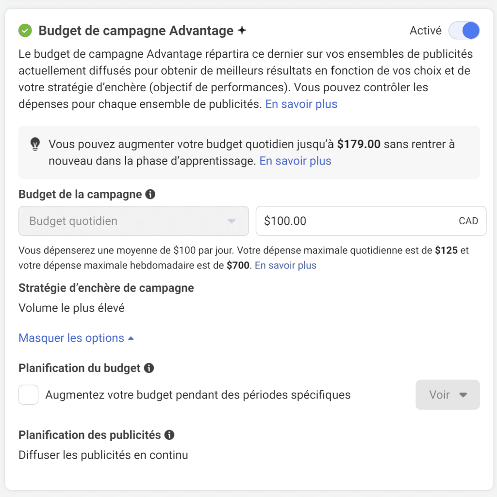 Exemple de campagne où le budget publicitaire est configuré en CBO.