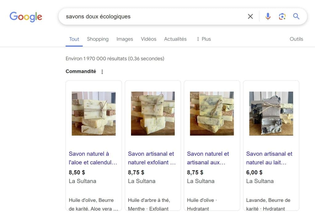 Exemple de publicités Performance Max, ou Google Shopping