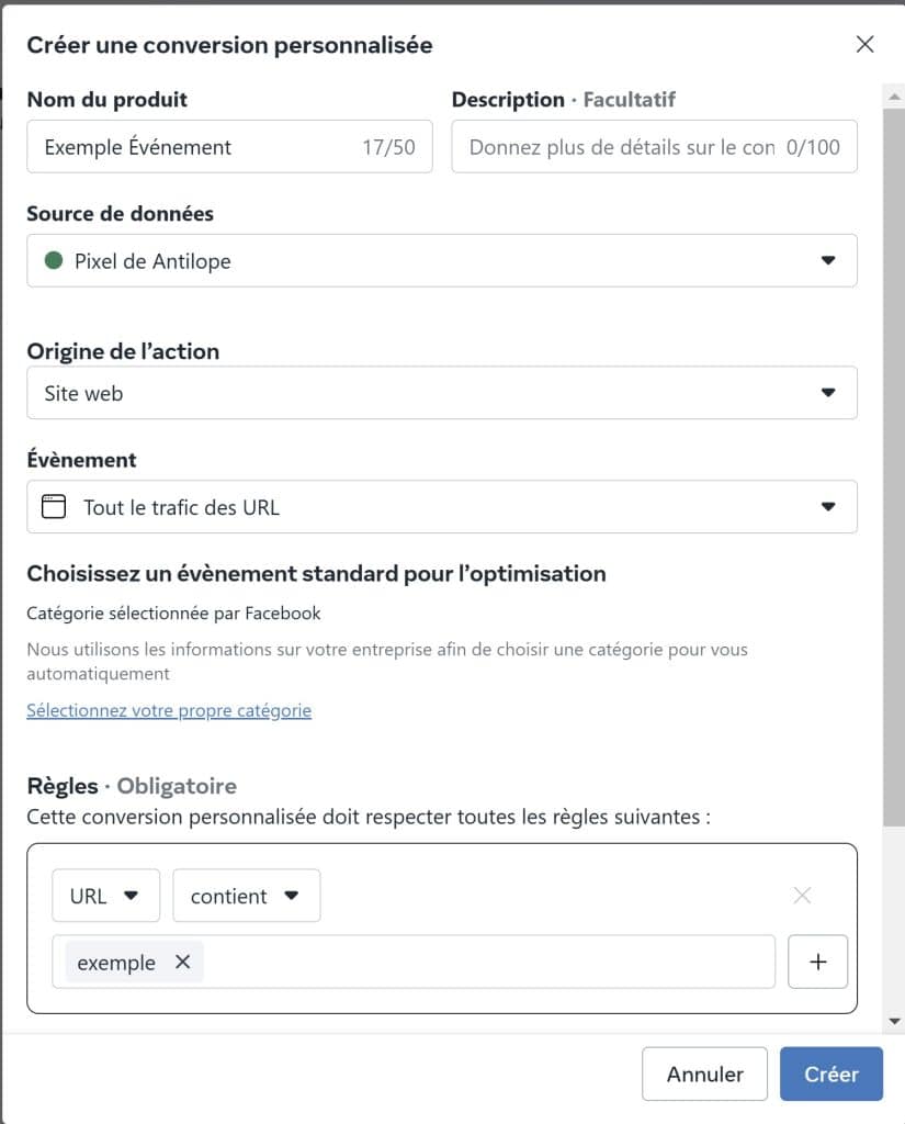 Exemple de conversion personnalisée Meta Exemple de conversion personnalisée Meta
