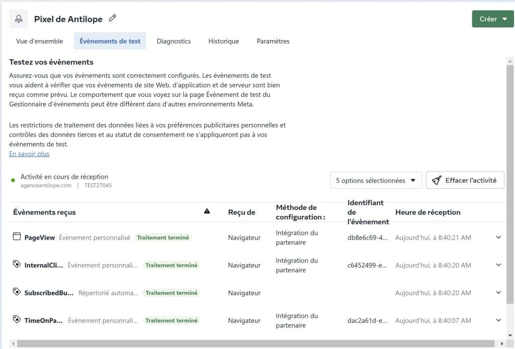 Exemple événements de test Facebook Exemple événements de test Facebook