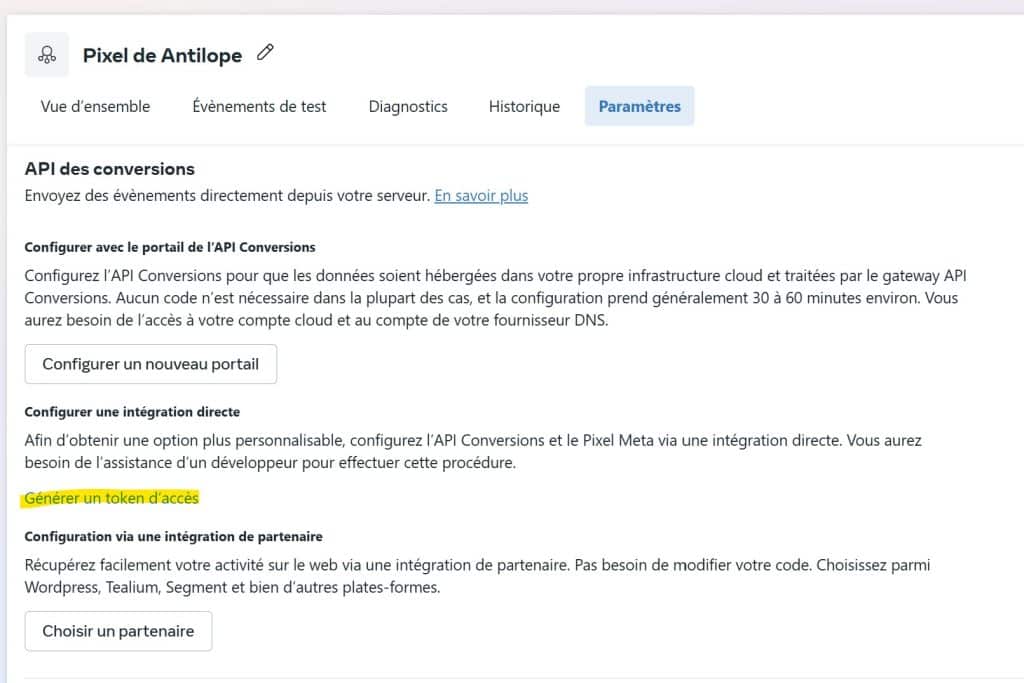 Générer un token de Conversion API du Pixel Générer un token de Conversion API du Pixel