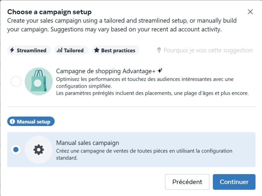 Sur le menu “Choose a campaign setup”, choisis la campagne de type “Manuelle”. Sur le menu “Choose a campaign setup”, choisis la campagne de type “Manuelle”.