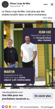 Exemple de publicité Facebook du Vieux Loup de Mer, un hébergement de chalets hotelliers à Rismouski.