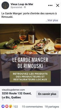 Exemple de publicité Facebook du Vieux Loup de Mer, un hébergement de chalets hotelliers à Rismouski.