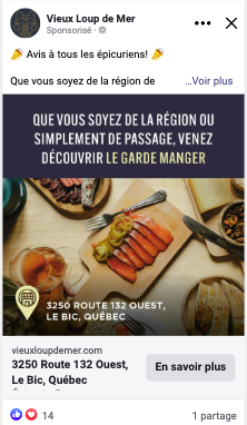 Exemple de publicité Facebook du Vieux Loup de Mer, un hébergement de chalets hotelliers à Rismouski.