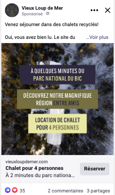 Exemple de publicité Facebook du Vieux Loup de Mer, un hébergement de chalets hotelliers à Rismouski.