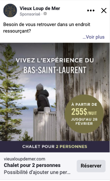 Exemple de publicité Facebook du Vieux Loup de Mer, un hébergement de chalets hotelliers à Rismouski.