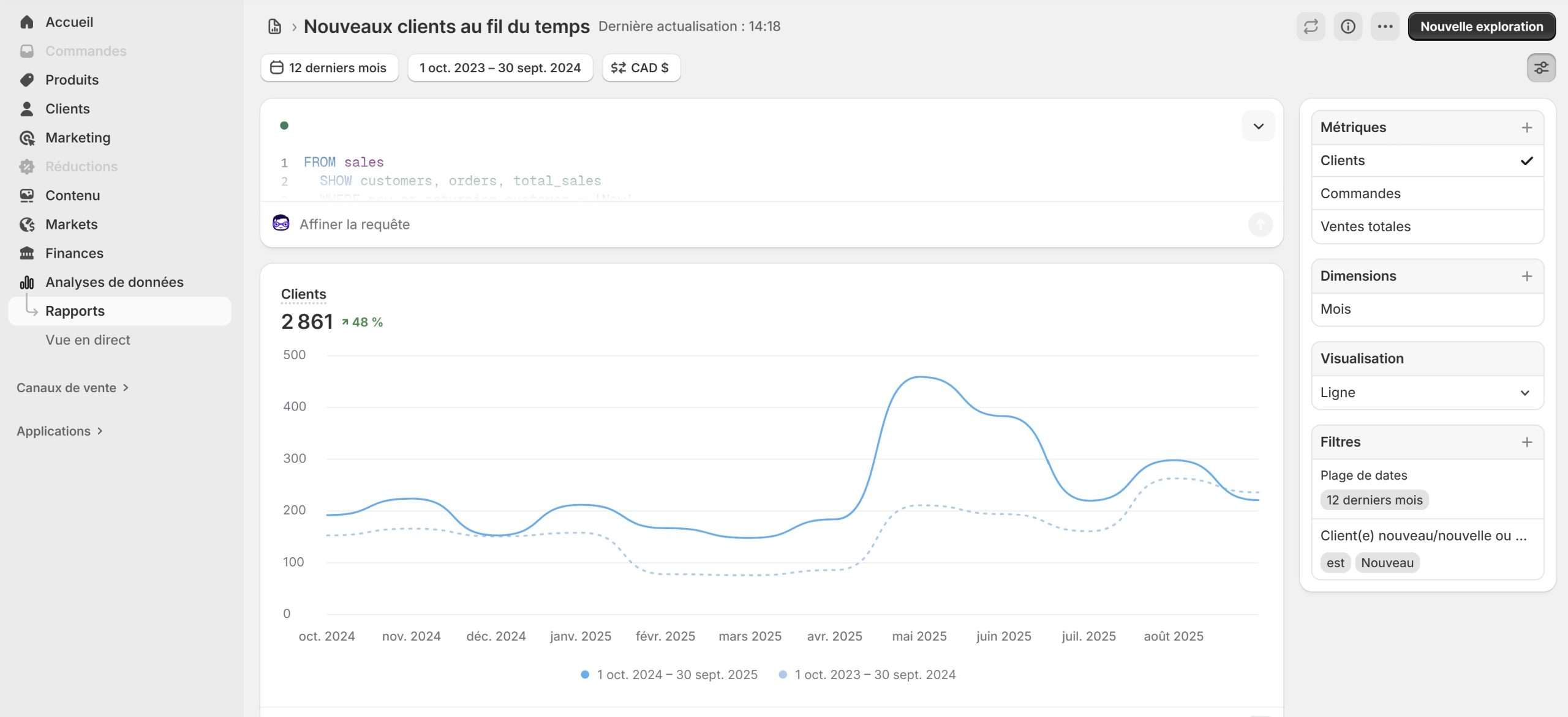 rapport "Nouveaux clients au fil du temps"