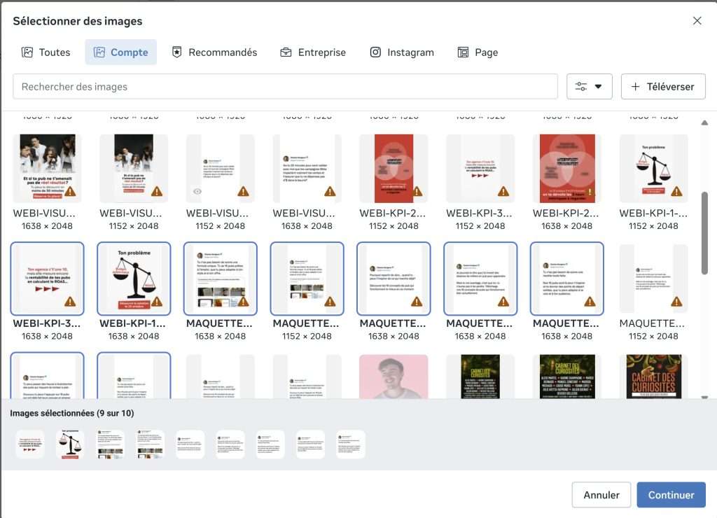 Uploade et sélectionne les éléments visuels