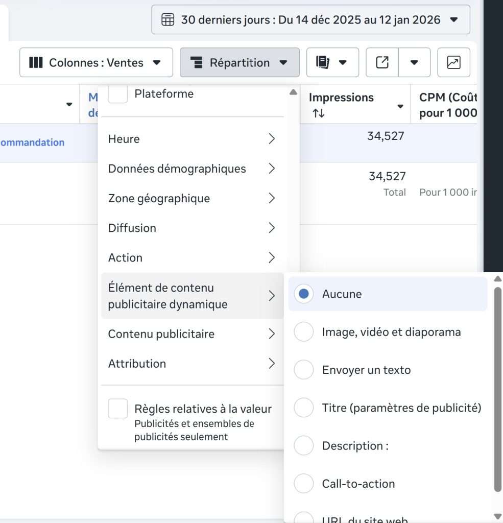 Option de répartition : élément de contenu publicitaire dynamique